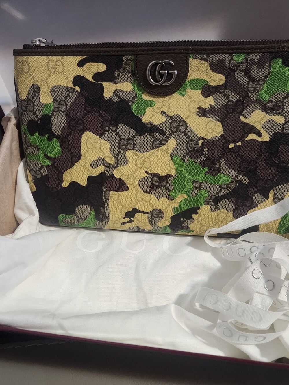 Gucci GG Supreme Canvas Camouflage Zip Pouch Green Yellow Brown Logo NEW